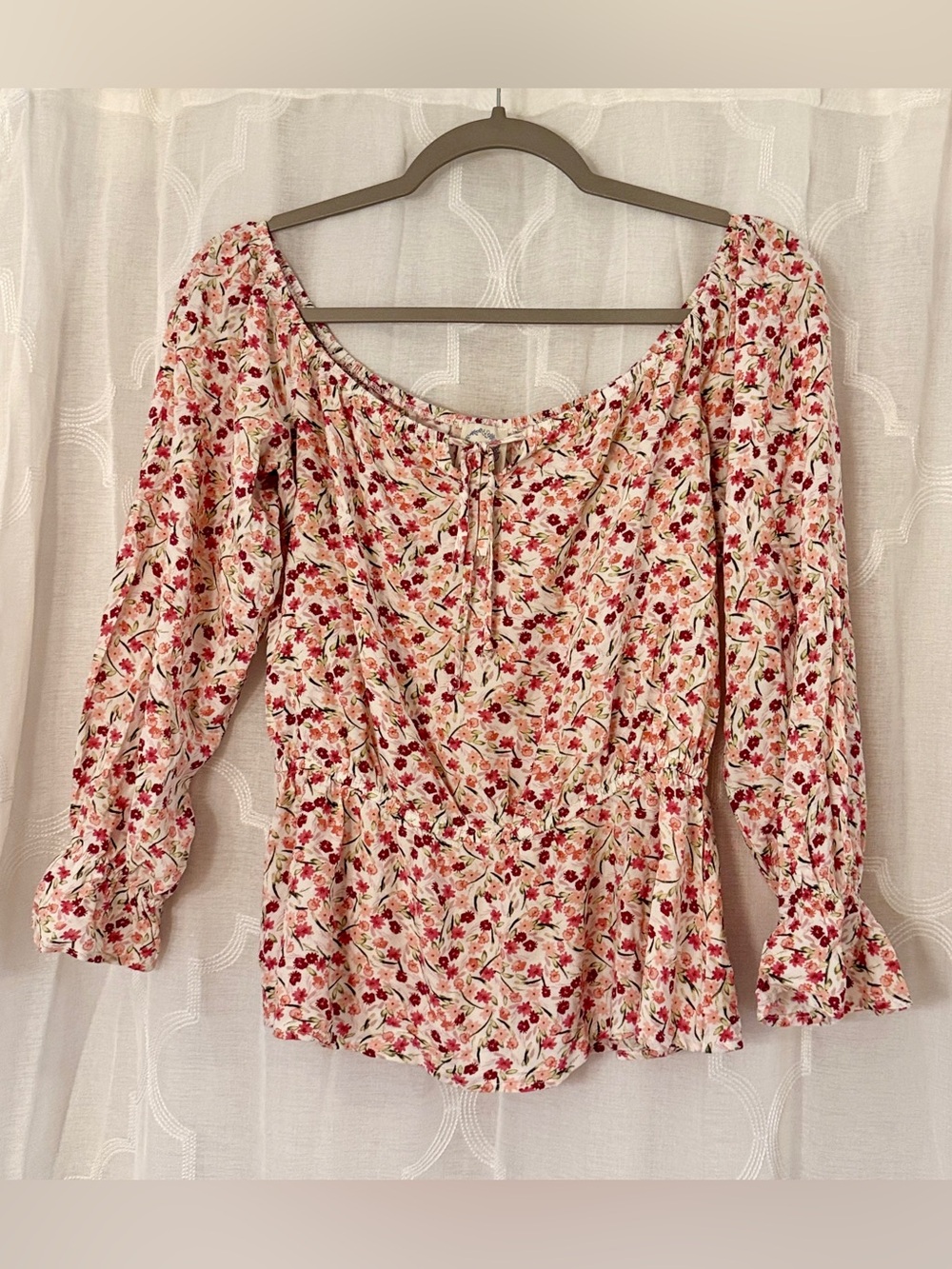 Blue Rain Cream Blouse with Floral Peasant Print | Small